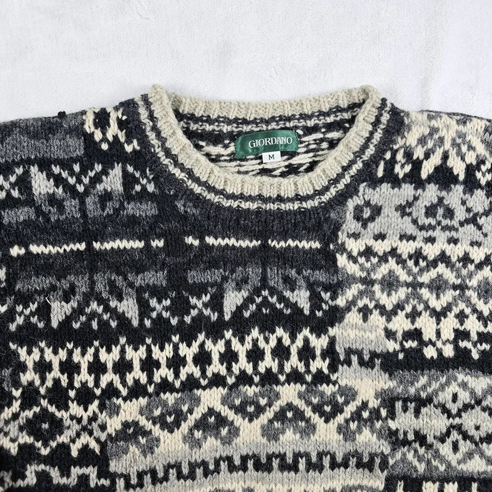Vtg Giordano 100% Shetland Wool Knit Sweater Men M Snowflake Nordic Ski Pullover